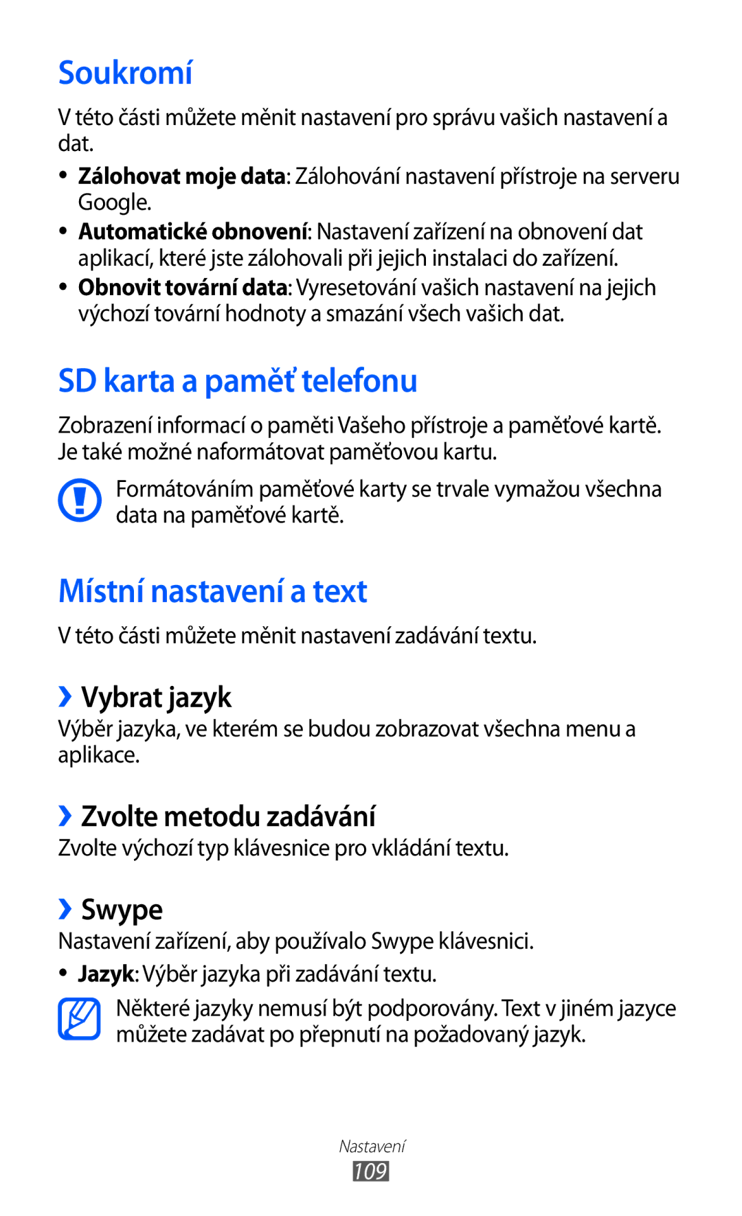 Samsung GT2S5363AAAO2C, GT-S5363AAAO2C manual Soukromí, SD karta a paměť telefonu, Místní nastavení a text 