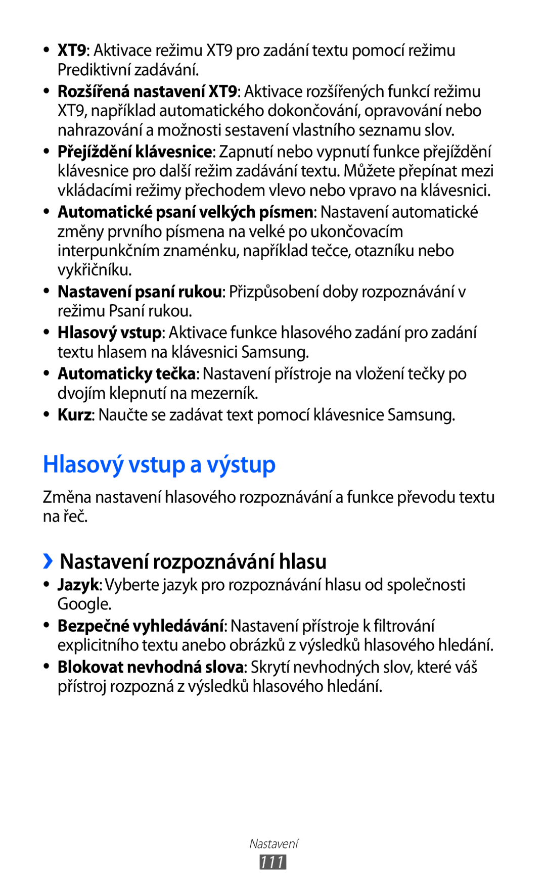 Samsung GT2S5363AAAO2C, GT-S5363AAAO2C manual Hlasový vstup a výstup, ››Nastavení rozpoznávání hlasu, 111 