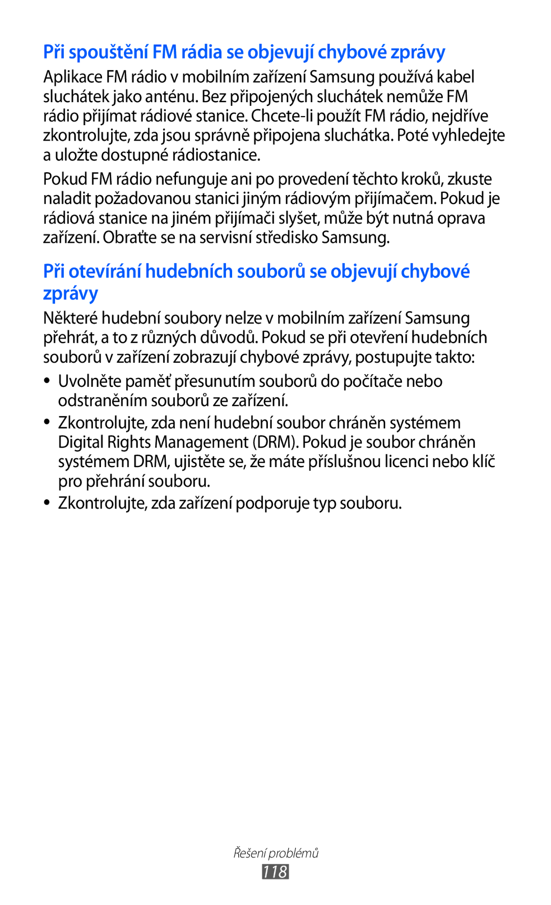 Samsung GT-S5363AAAO2C, GT2S5363AAAO2C manual Při spouštění FM rádia se objevují chybové zprávy, 118 