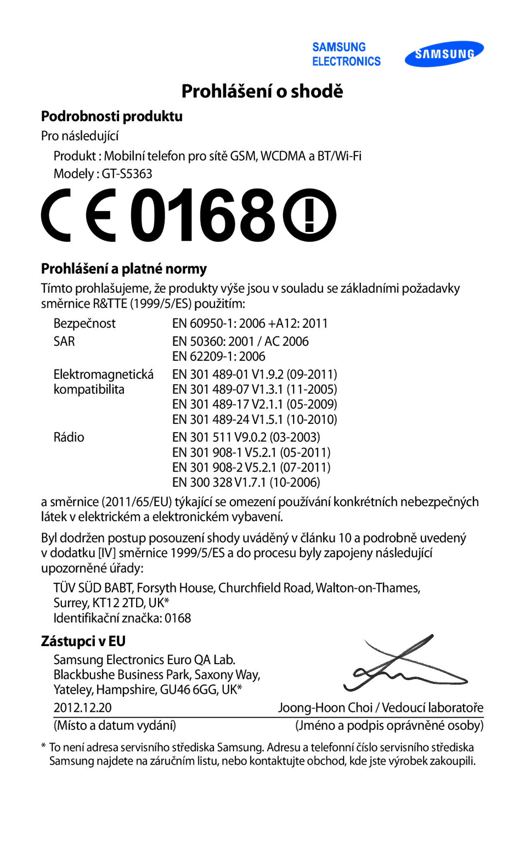 Samsung GT2S5363AAAO2C, GT-S5363AAAO2C manual Prohlášení o shodě 