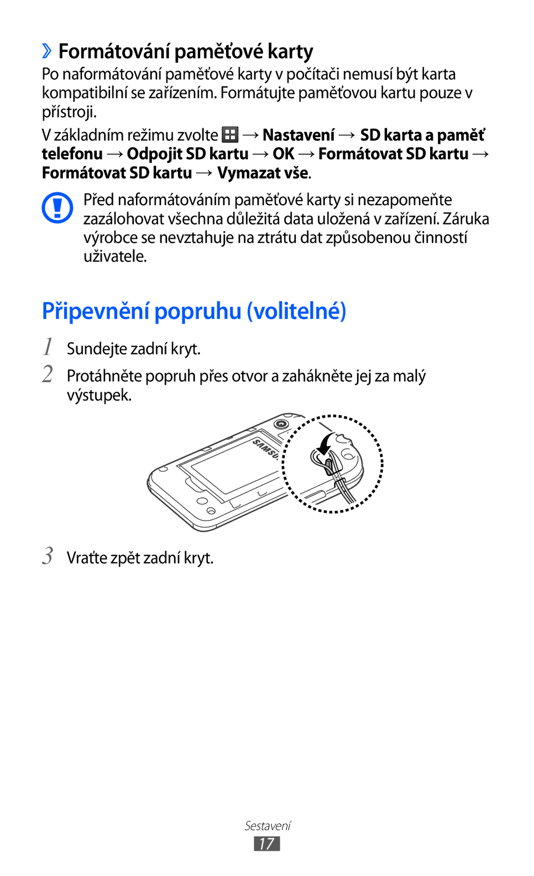 Samsung GT2S5363AAAO2C, GT-S5363AAAO2C manual Připevnění popruhu volitelné, ››Formátování paměťové karty 