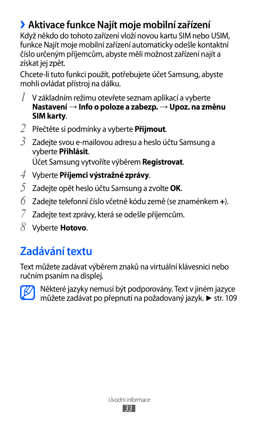 Samsung GT2S5363AAAO2C Zadávání textu, ››Aktivace funkce Najít moje mobilní zařízení, Vyberte Příjemci výstražné zprávy 