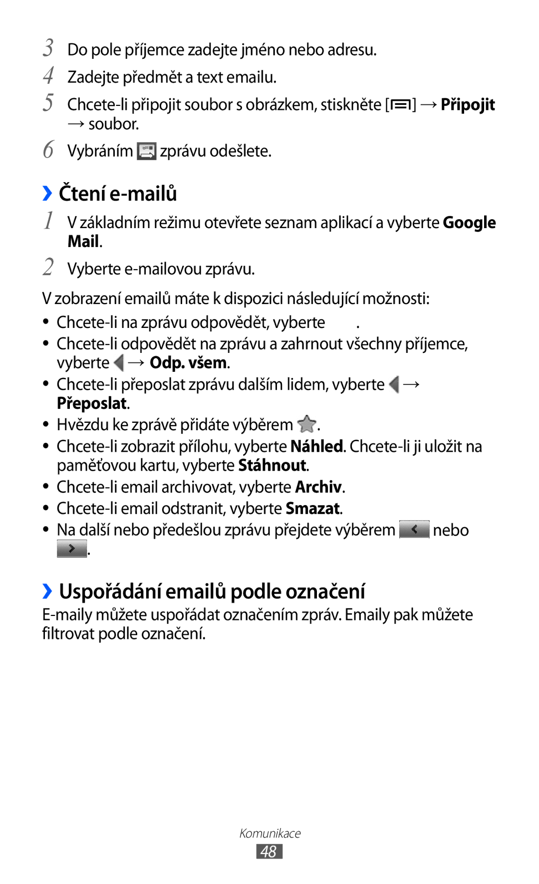 Samsung GT-S5363AAAO2C manual ››Čtení e-mailů, ››Uspořádání emailů podle označení, → soubor Vybráním zprávu odešlete 