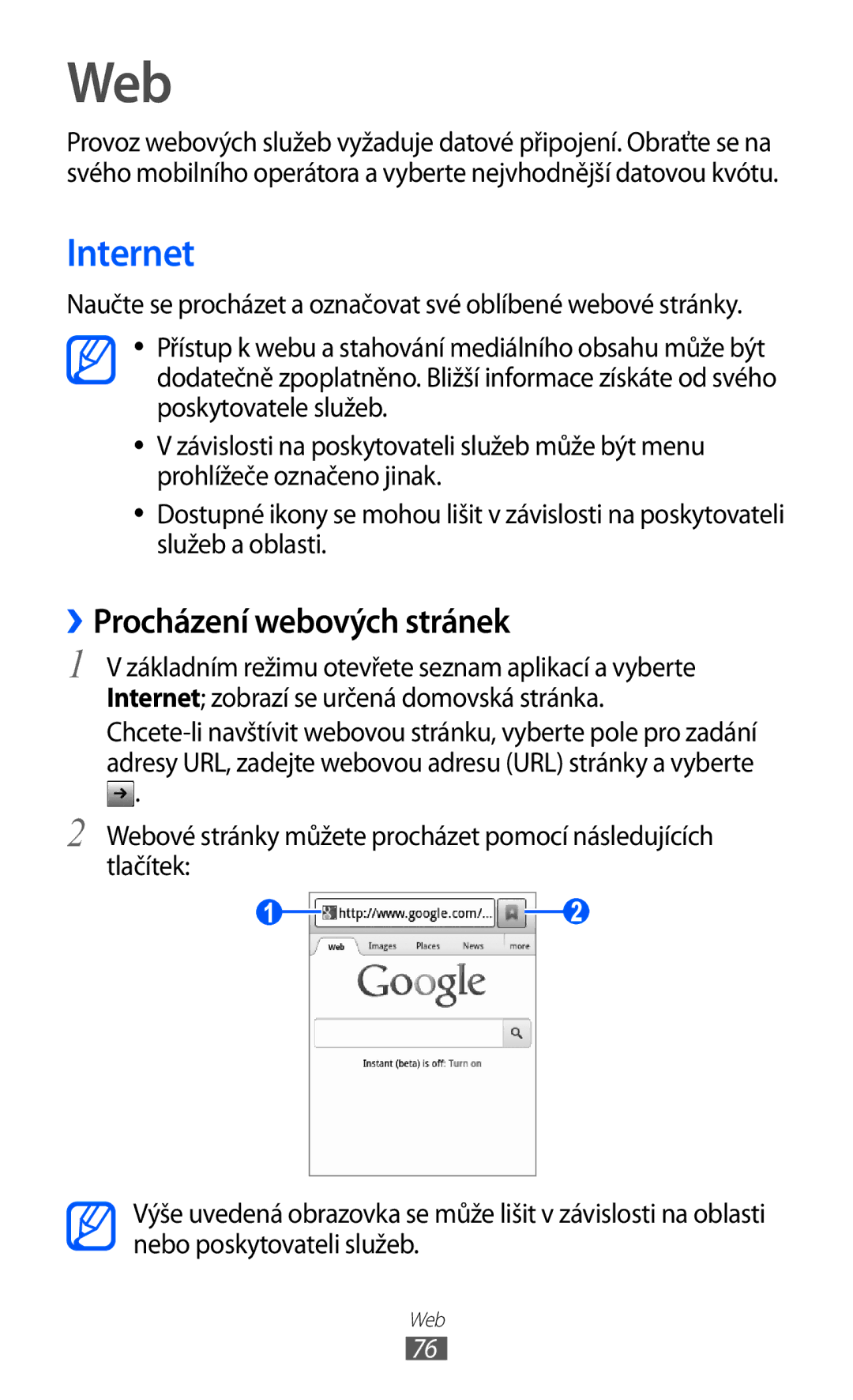 Samsung GT-S5363AAAO2C, GT2S5363AAAO2C manual Web, Internet, ››Procházení webových stránek 