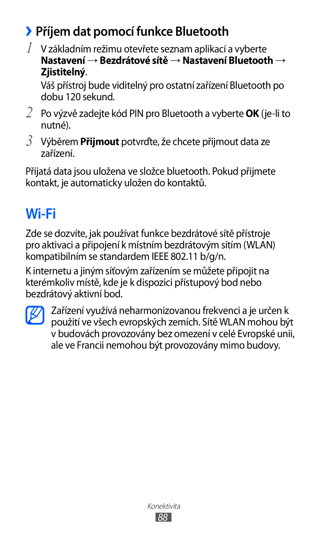 Samsung GT-S5363AAAO2C, GT2S5363AAAO2C manual Wi-Fi, ››Příjem dat pomocí funkce Bluetooth 