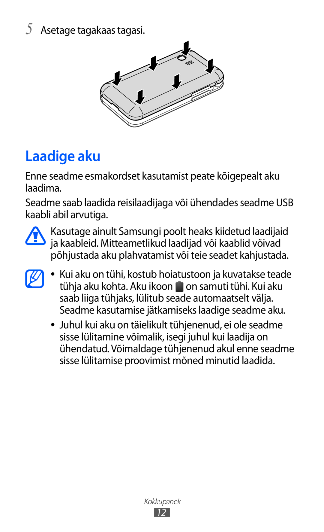 Samsung GT-S5363AAASEB manual Laadige aku, Asetage tagakaas tagasi 