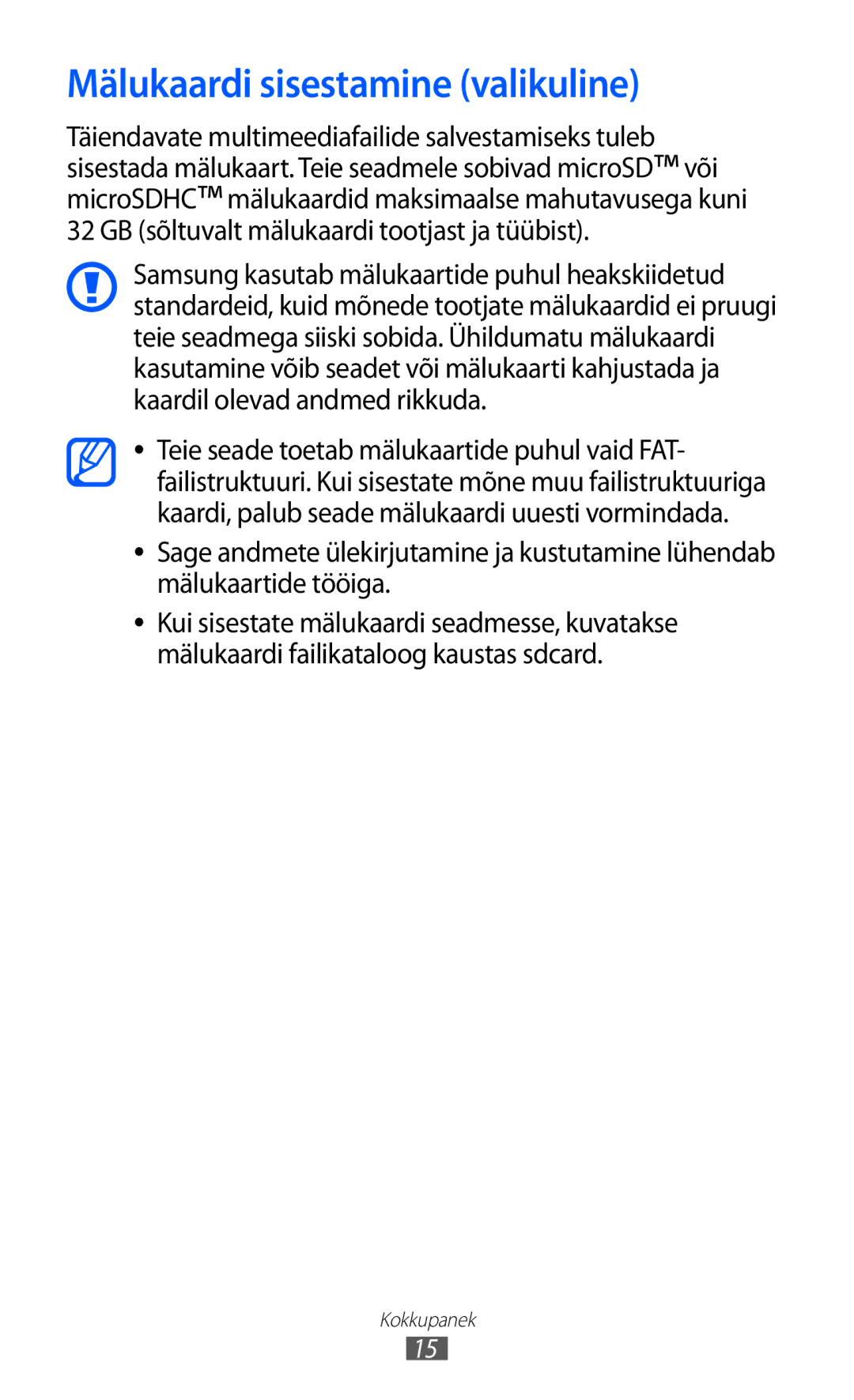 Samsung GT-S5363AAASEB manual Mälukaardi sisestamine valikuline 