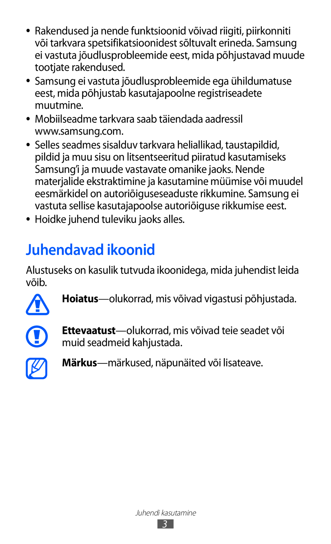 Samsung GT-S5363AAASEB manual Juhendavad ikoonid, Hoidke juhend tuleviku jaoks alles 