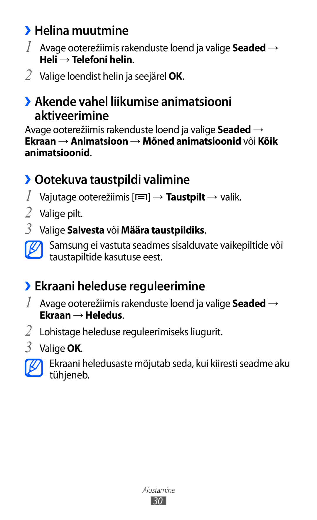 Samsung GT-S5363AAASEB manual ››Helina muutmine, ››Akende vahel liikumise animatsiooni aktiveerimine 