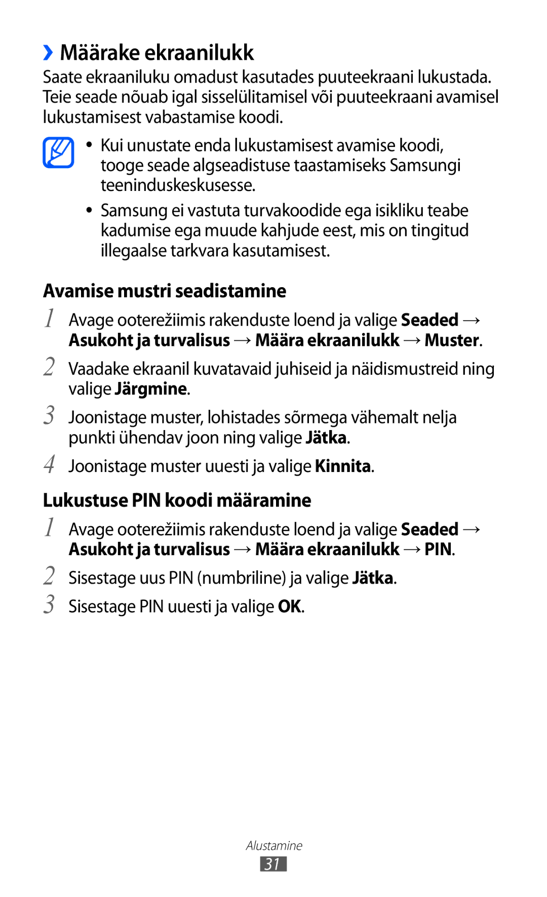 Samsung GT-S5363AAASEB manual ››Määrake ekraanilukk, Asukoht ja turvalisus → Määra ekraanilukk → Muster 