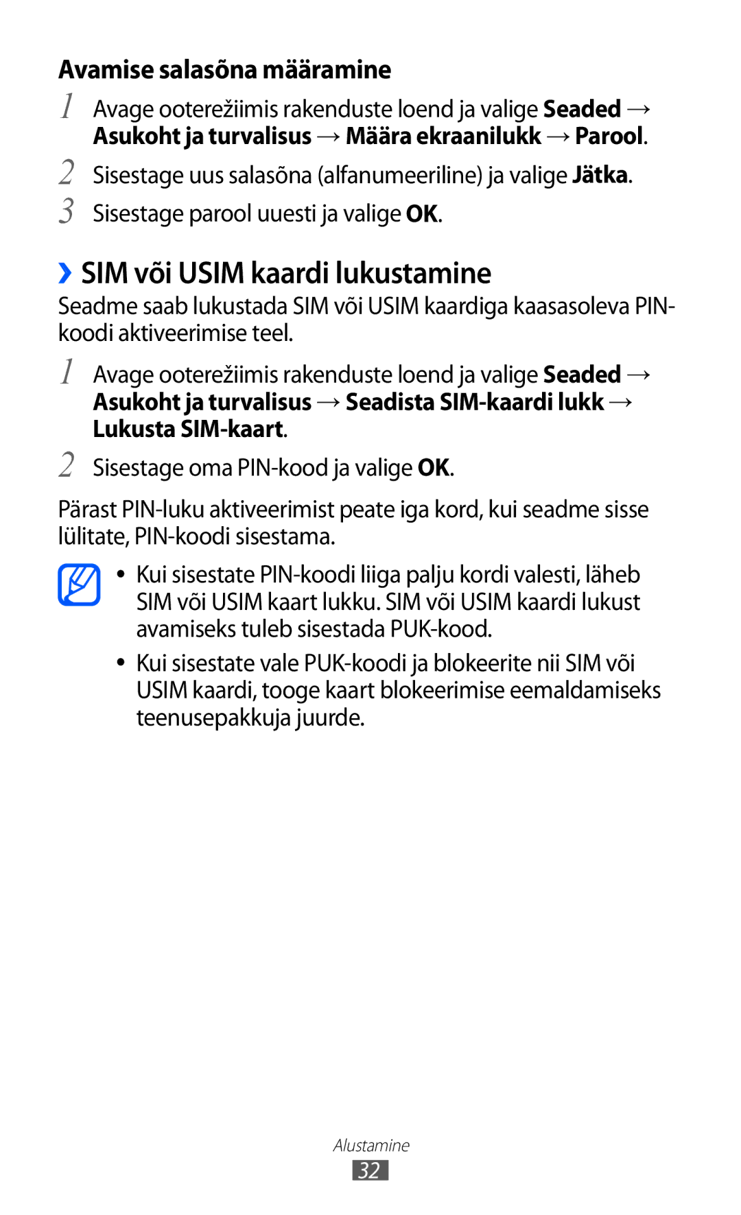 Samsung GT-S5363AAASEB manual ››SIM või Usim kaardi lukustamine, Asukoht ja turvalisus → Määra ekraanilukk → Parool 