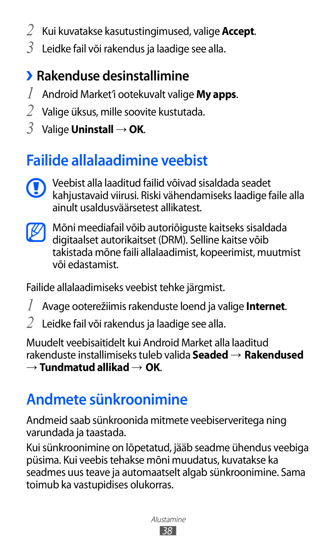 Samsung GT-S5363AAASEB manual Failide allalaadimine veebist, Andmete sünkroonimine, ››Rakenduse desinstallimine 