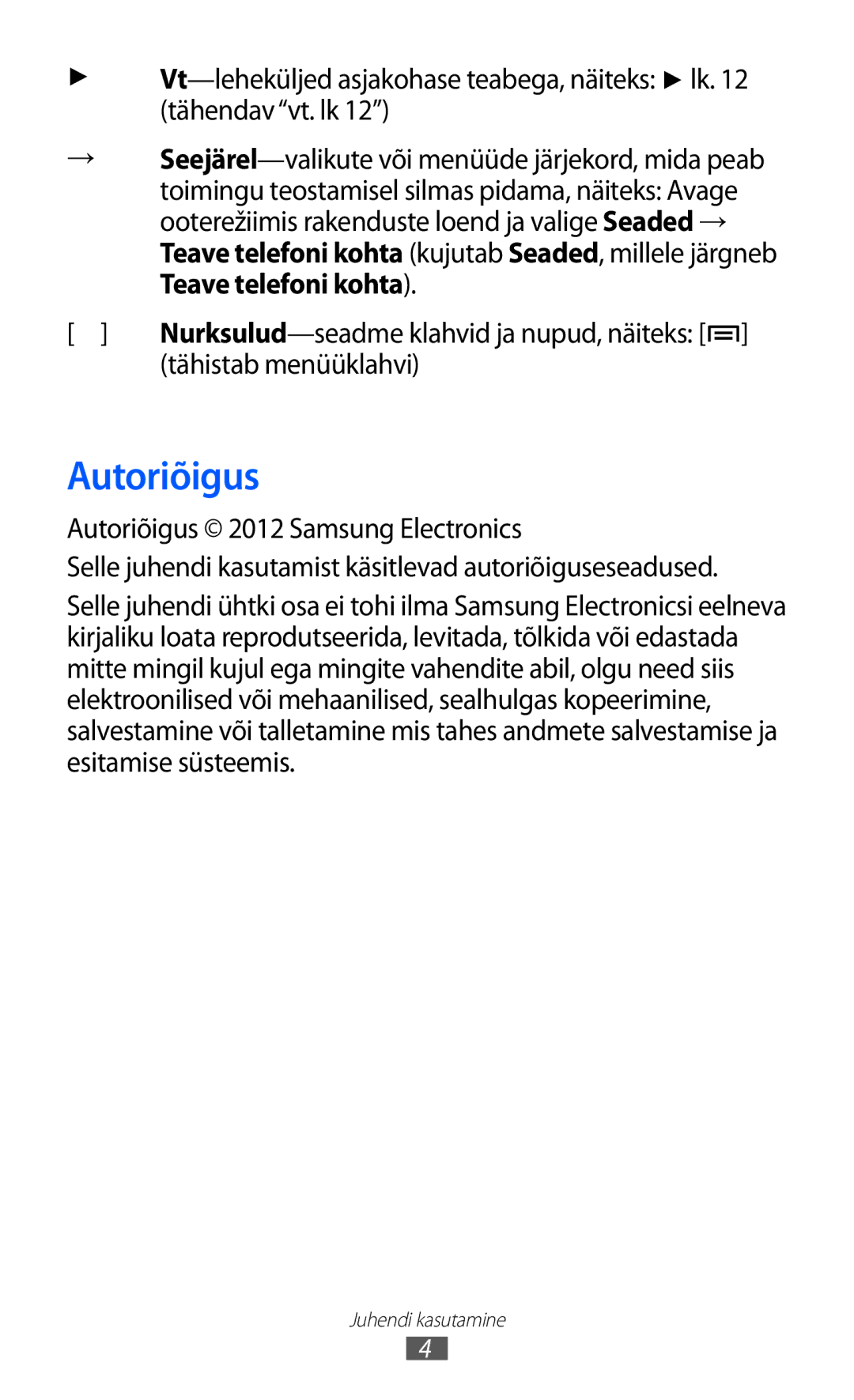 Samsung GT-S5363AAASEB manual Autoriõigus, Tähistab menüüklahvi 