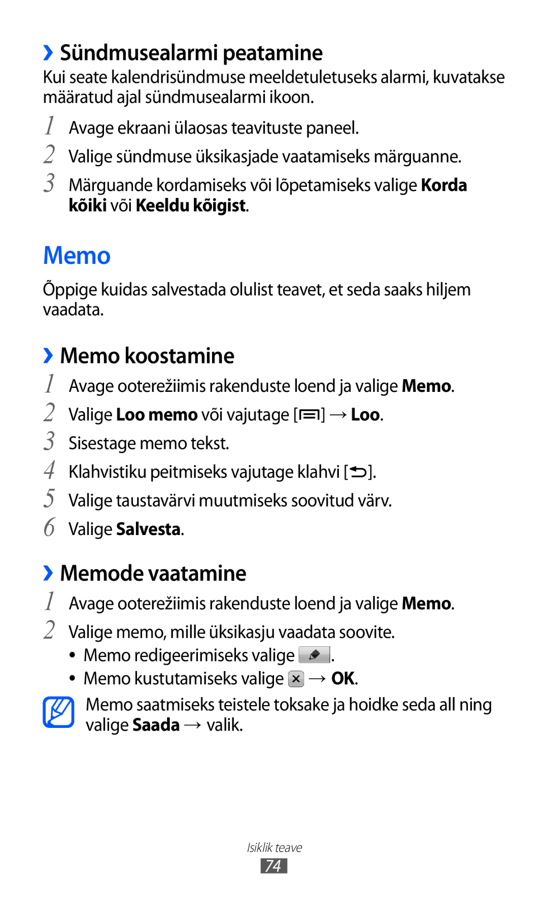 Samsung GT-S5363AAASEB ››Sündmusealarmi peatamine, ››Memo koostamine, ››Memode vaatamine, Kõiki või Keeldu kõigist 