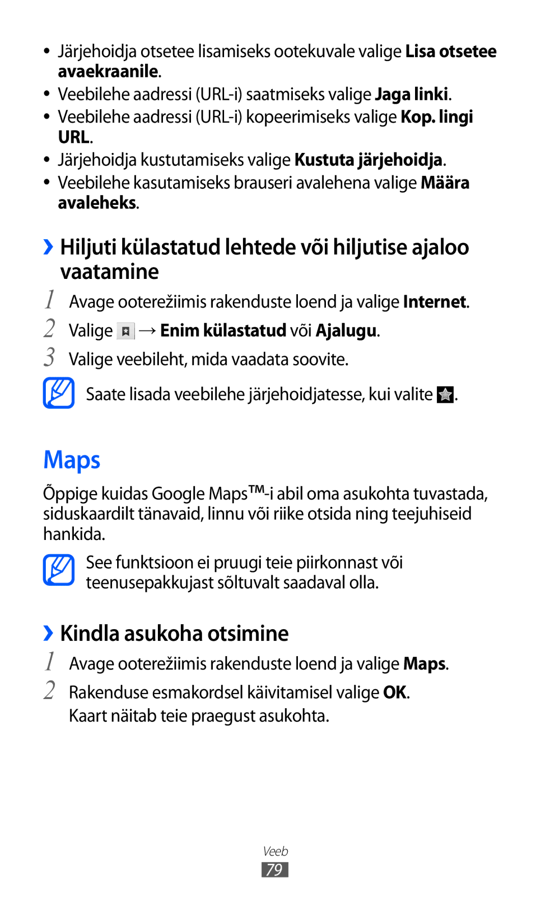 Samsung GT-S5363AAASEB manual Maps, ››Hiljuti külastatud lehtede või hiljutise ajaloo vaatamine, ››Kindla asukoha otsimine 