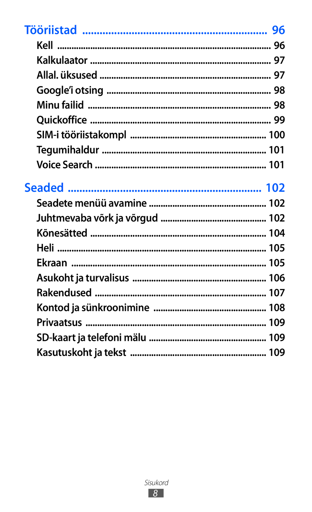 Samsung GT-S5363AAASEB manual 100, 101, 102, 104, 105, 106, 107, 108, 109 