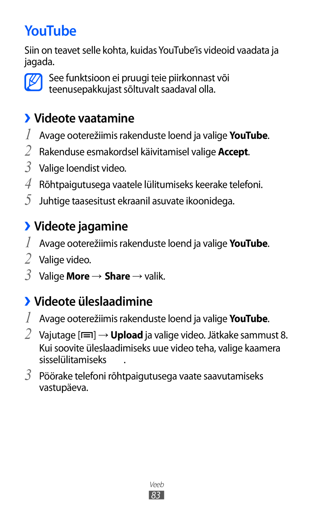 Samsung GT-S5363AAASEB manual YouTube, ››Videote vaatamine, ››Videote jagamine, ››Videote üleslaadimine 