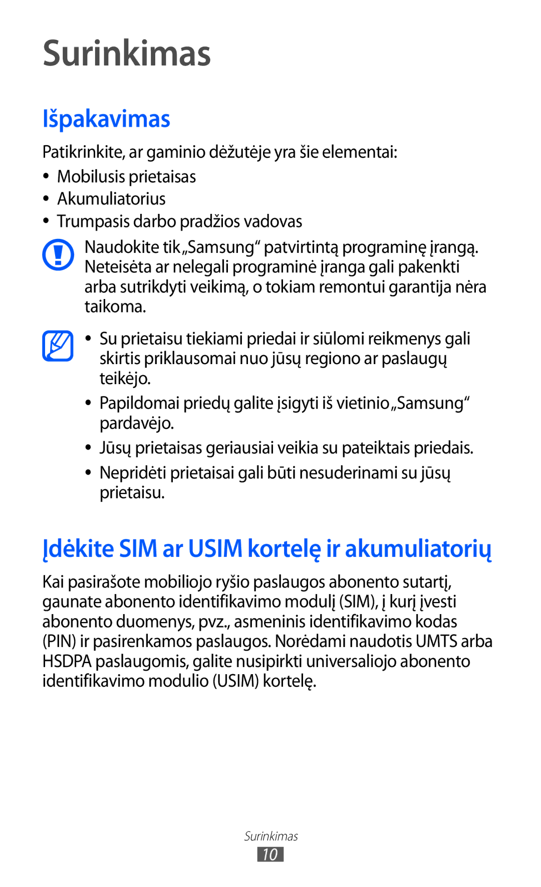 Samsung GT-S5363AAASEB manual Surinkimas, Išpakavimas, Patikrinkite, ar gaminio dėžutėje yra šie elementai 