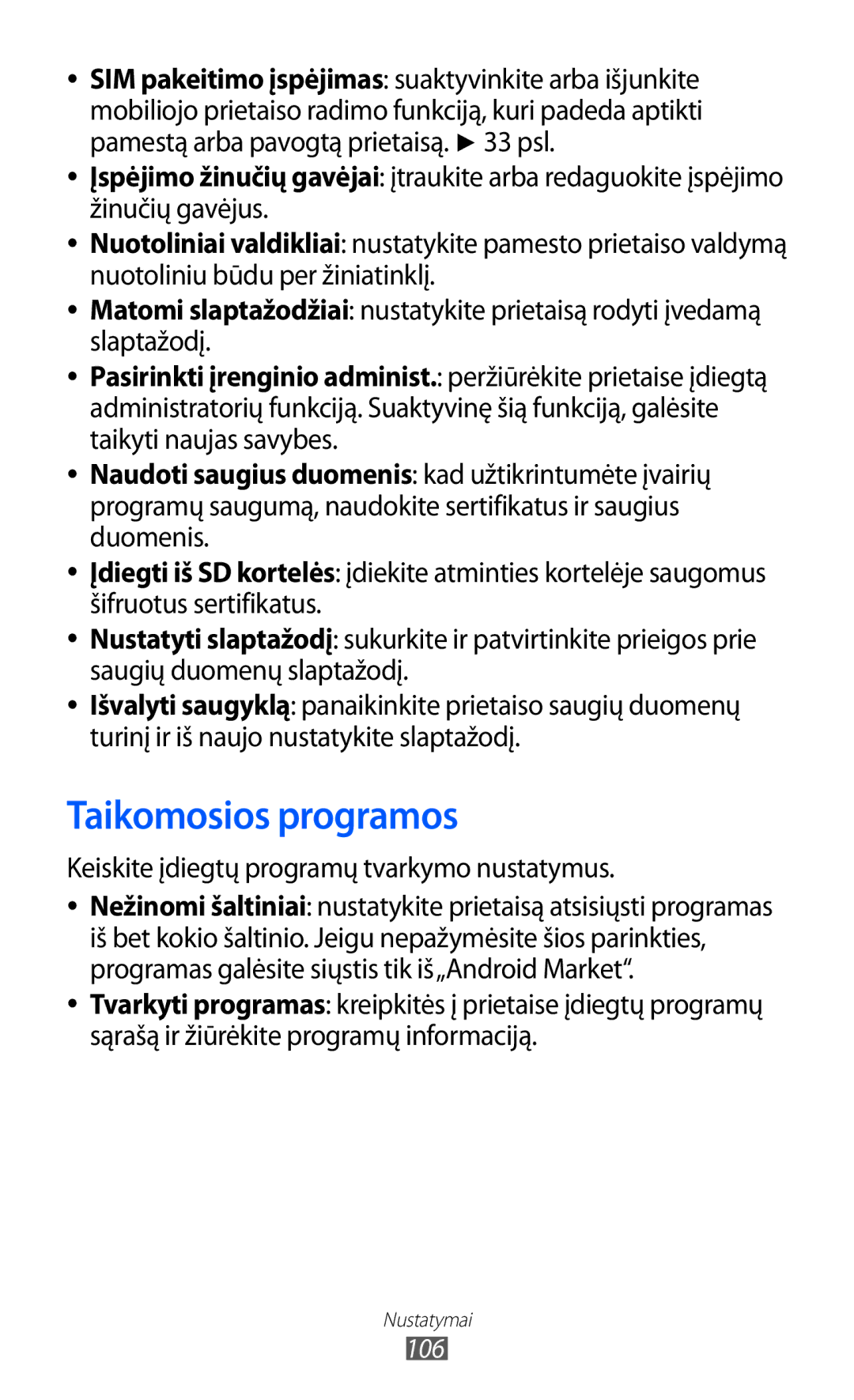 Samsung GT-S5363AAASEB manual Taikomosios programos, Keiskite įdiegtų programų tvarkymo nustatymus, 106 