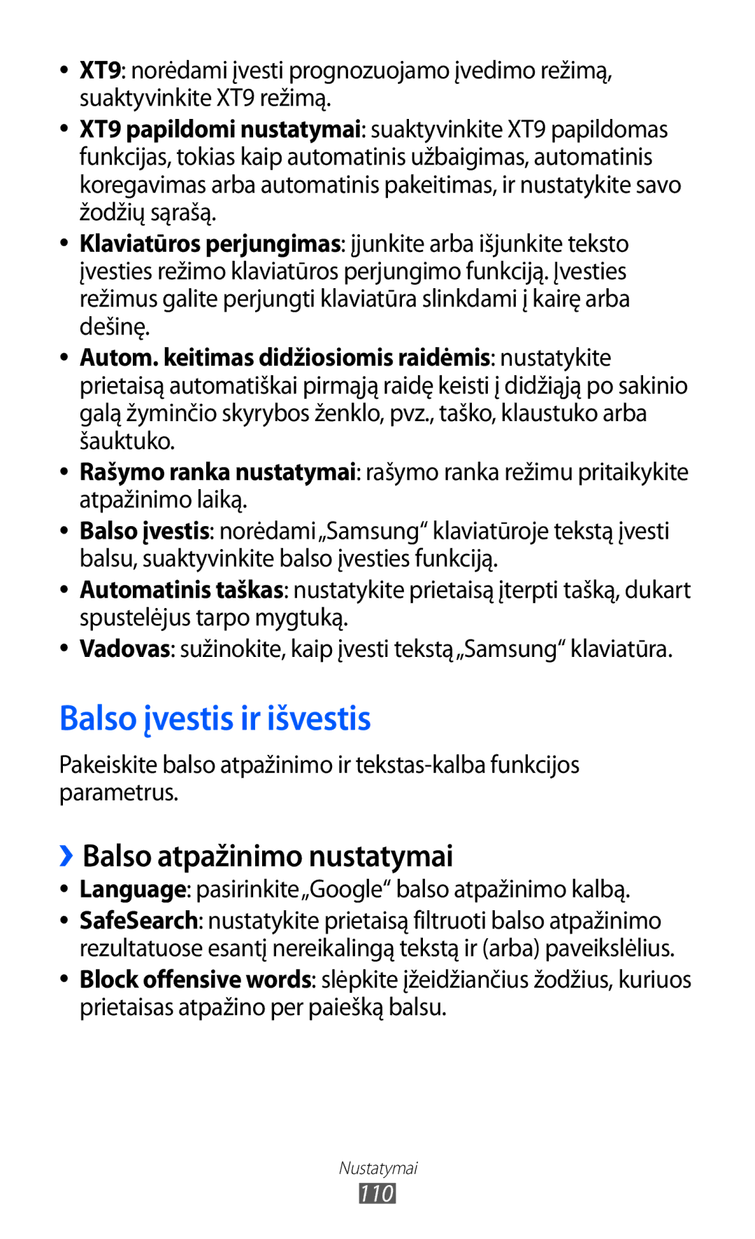 Samsung GT-S5363AAASEB manual Balso įvestis ir išvestis, ››Balso atpažinimo nustatymai, Atpažinimo laiką, 110 