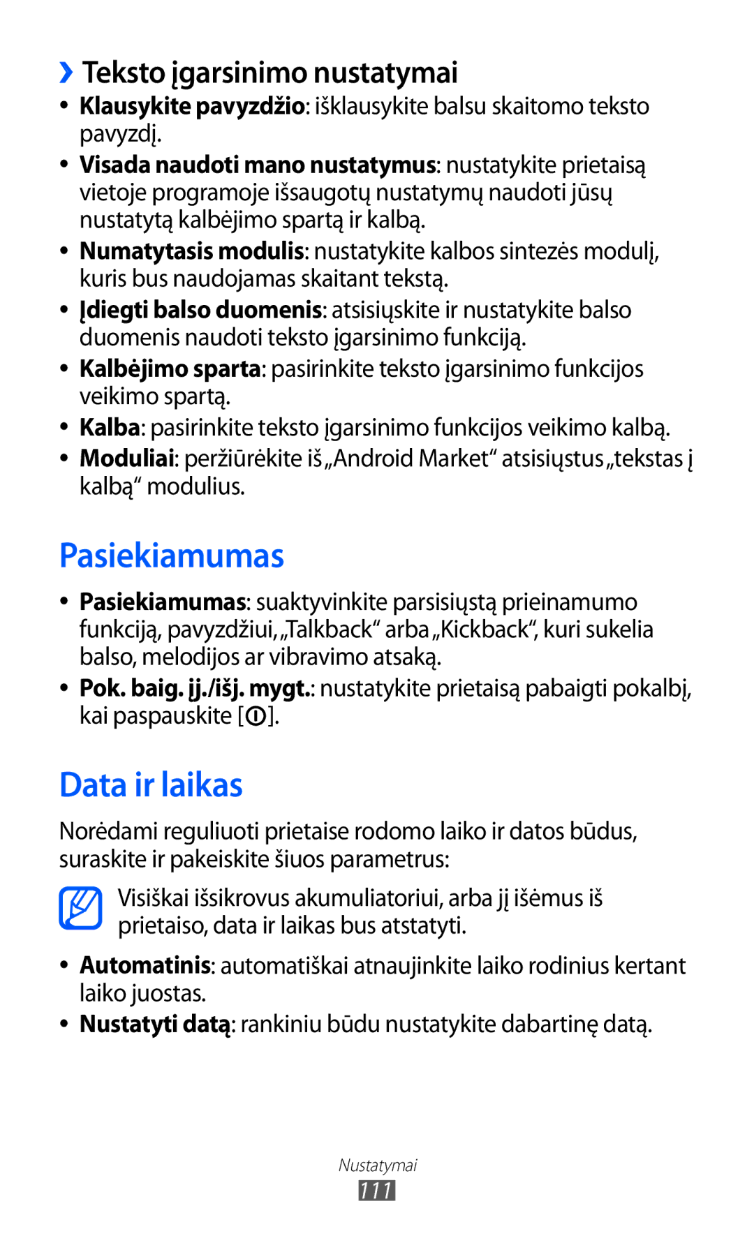 Samsung GT-S5363AAASEB manual Pasiekiamumas, Data ir laikas, ››Teksto įgarsinimo nustatymai, 111 