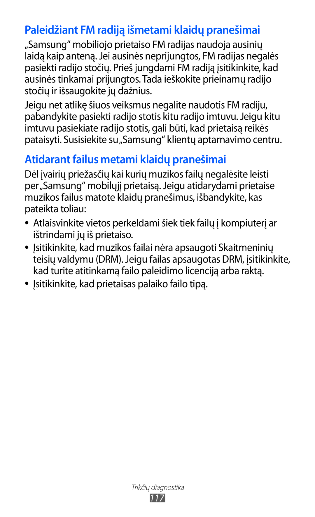 Samsung GT-S5363AAASEB manual Paleidžiant FM radiją išmetami klaidų pranešimai, 117 