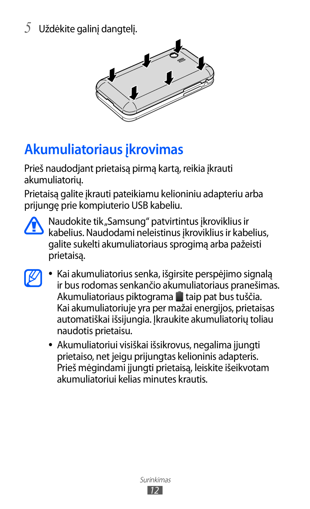 Samsung GT-S5363AAASEB manual Akumuliatoriaus įkrovimas, Uždėkite galinį dangtelį 