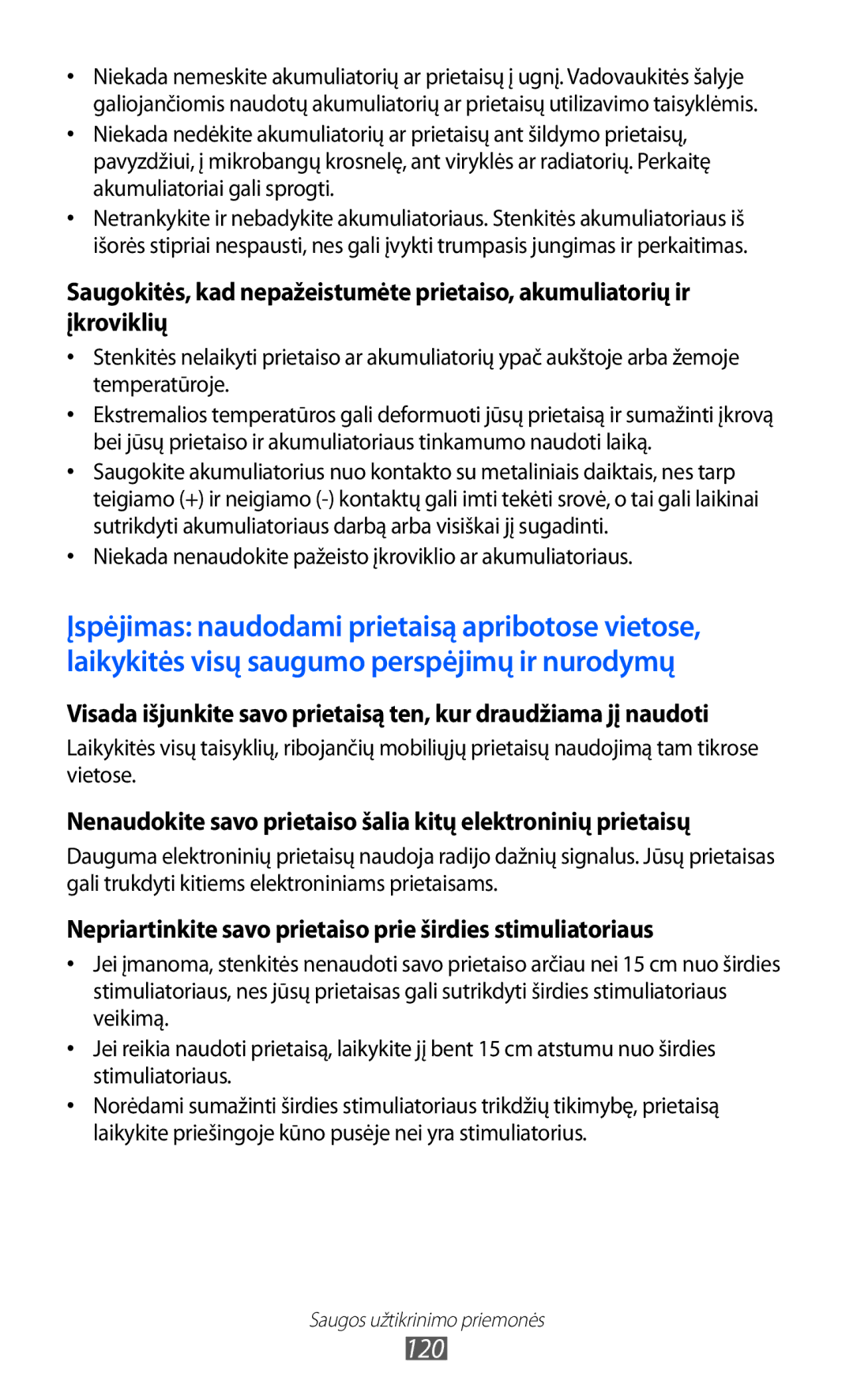 Samsung GT-S5363AAASEB manual 120, Nepriartinkite savo prietaiso prie širdies stimuliatoriaus 