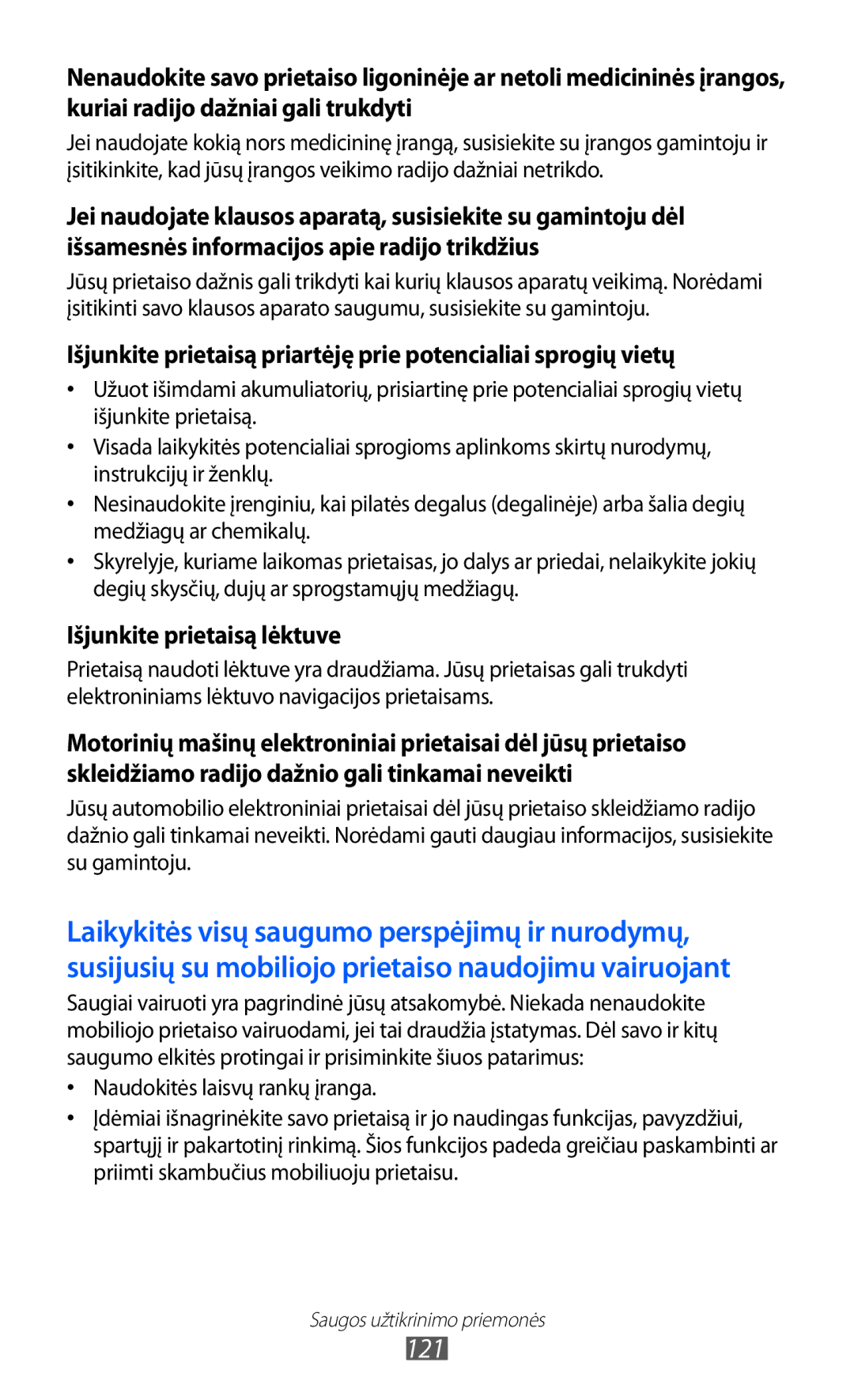 Samsung GT-S5363AAASEB manual 121, Išjunkite prietaisą lėktuve 