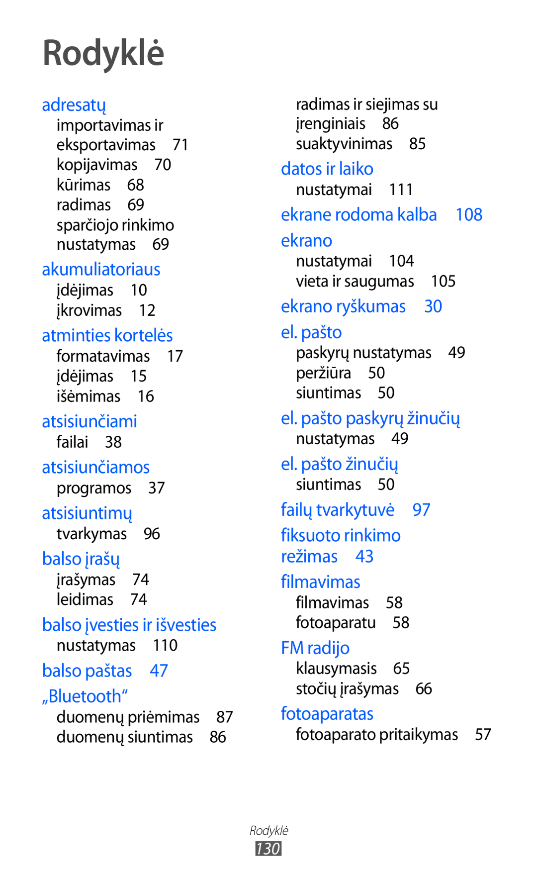 Samsung GT-S5363AAASEB manual Rodyklė, 130 