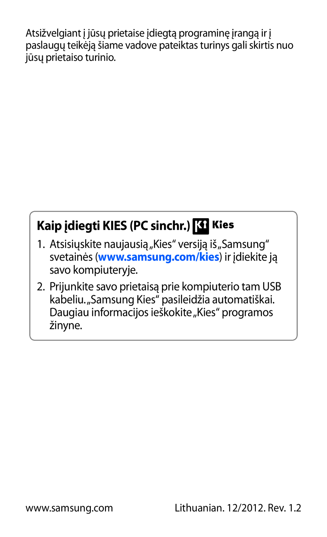 Samsung GT-S5363AAASEB manual Kaip įdiegti Kies PC sinchr 