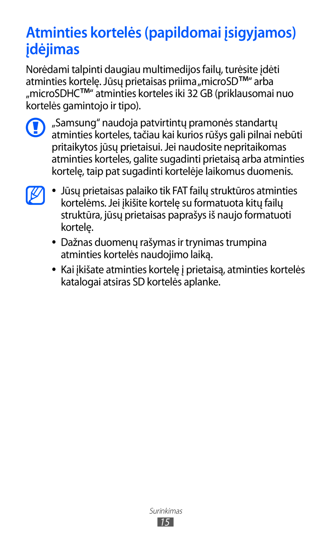 Samsung GT-S5363AAASEB manual Atminties kortelės papildomai įsigyjamos įdėjimas 