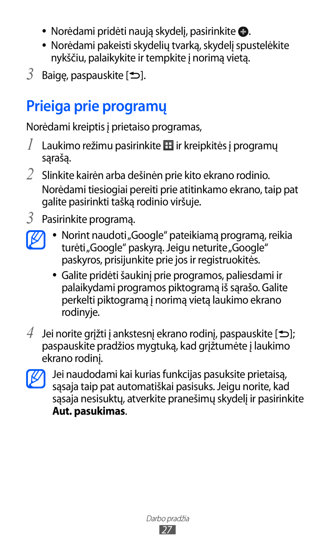 Samsung GT-S5363AAASEB manual Prieiga prie programų, Norėdami pridėti naują skydelį, pasirinkite, Baigę, paspauskite 