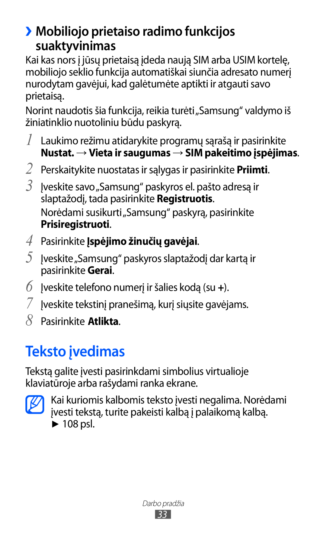 Samsung GT-S5363AAASEB manual Teksto įvedimas, ››Mobiliojo prietaiso radimo funkcijos suaktyvinimas, 108 psl 