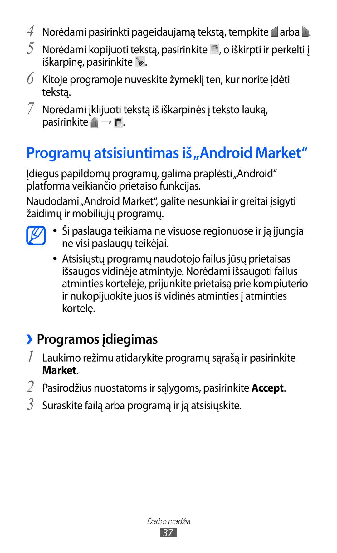 Samsung GT-S5363AAASEB manual ››Programos įdiegimas, Market 