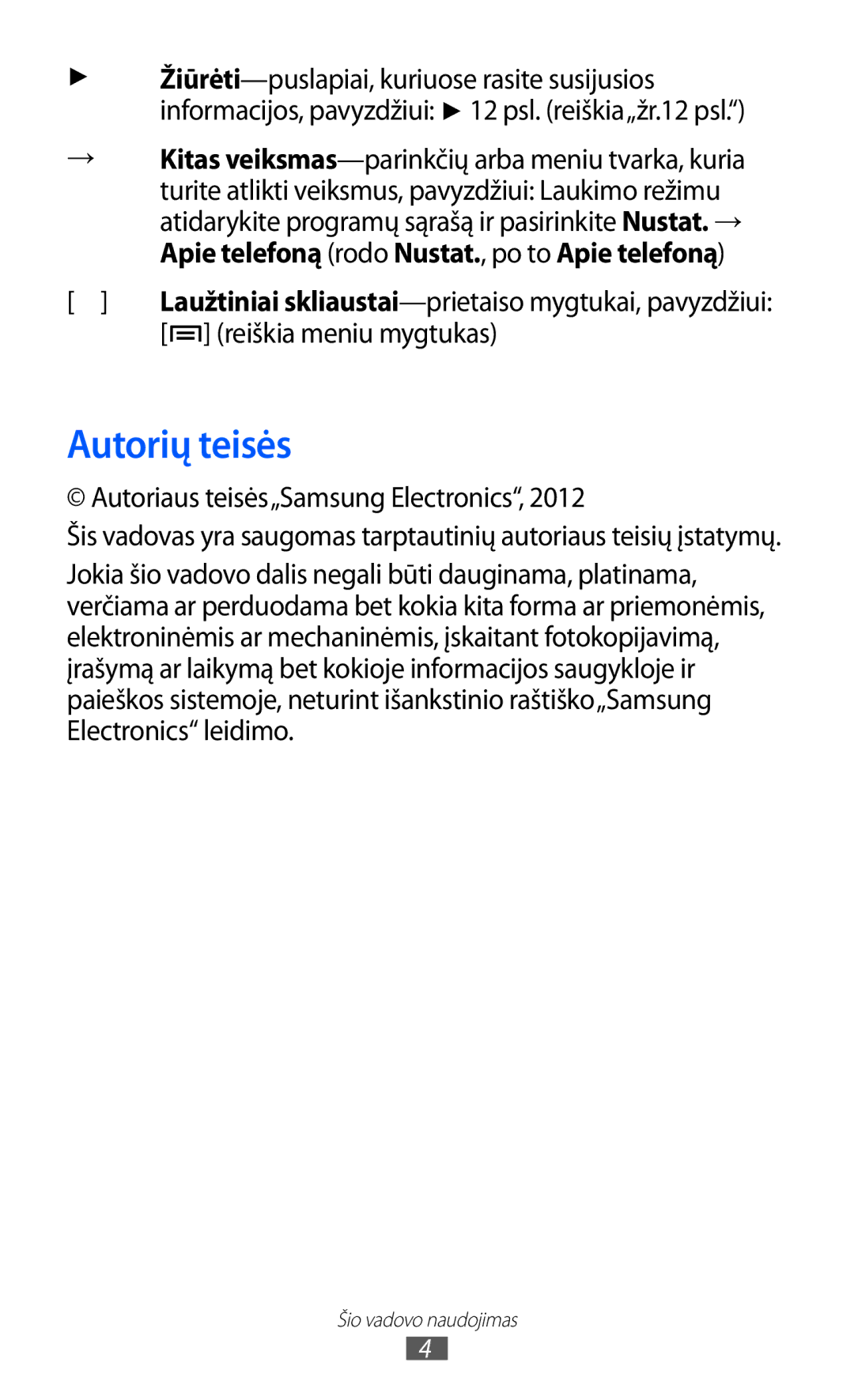 Samsung GT-S5363AAASEB manual Autorių teisės, Reiškia meniu mygtukas, Autoriaus teisės„Samsung Electronics 