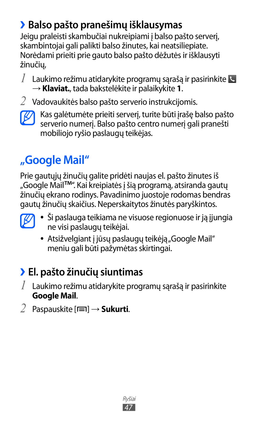 Samsung GT-S5363AAASEB manual „Google Mail, ››Balso pašto pranešimų išklausymas, ››El. pašto žinučių siuntimas 