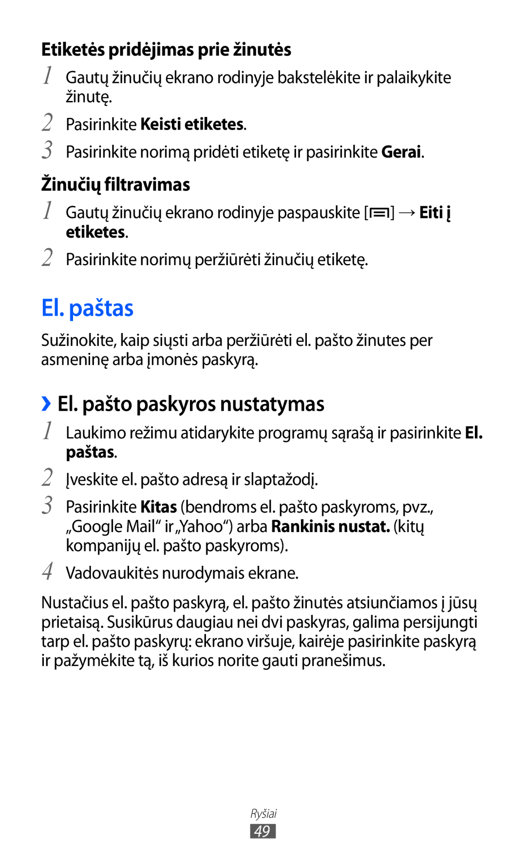 Samsung GT-S5363AAASEB manual El. paštas, ››El. pašto paskyros nustatymas, Pasirinkite Keisti etiketes, Etiketes, Paštas 