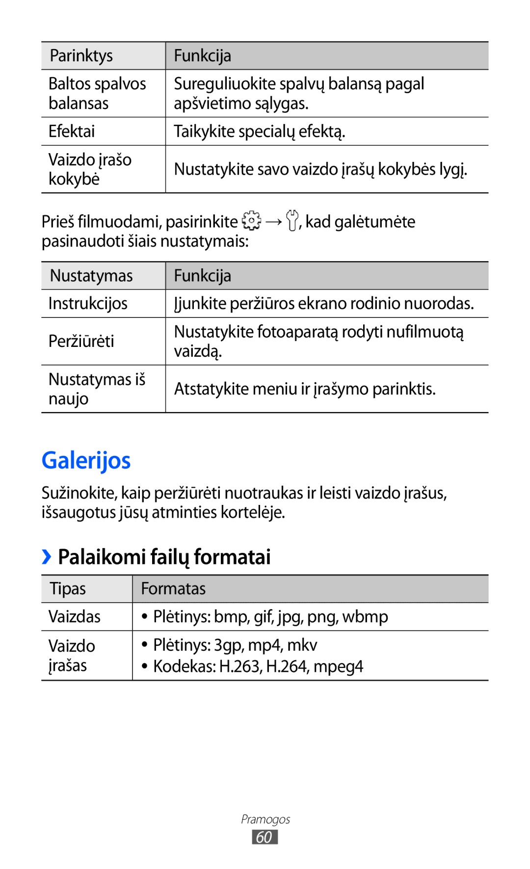 Samsung GT-S5363AAASEB manual Galerijos, Palaikomi failų formatai, Nustatymas Funkcija Instrukcijos, Peržiūrėti 