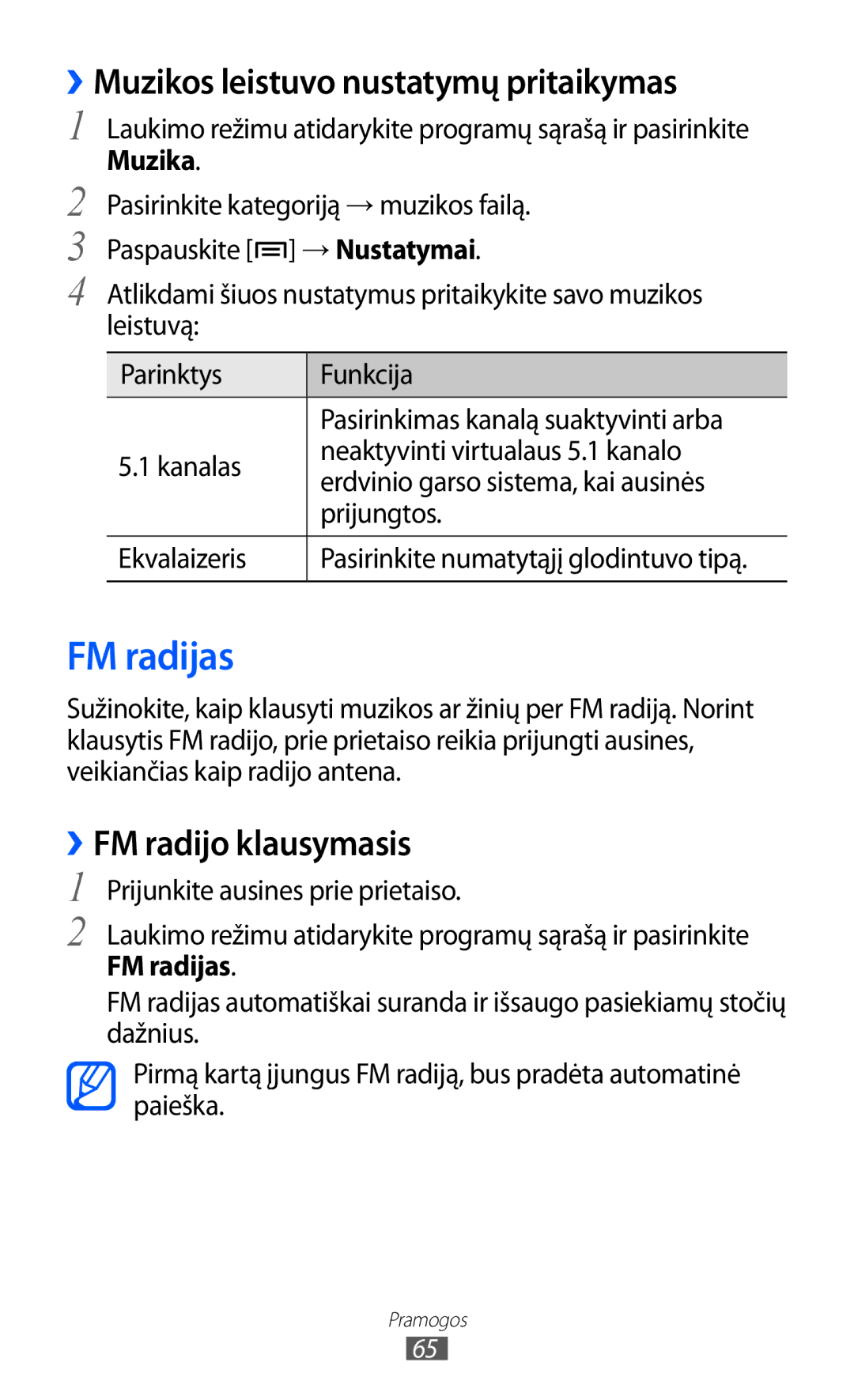 Samsung GT-S5363AAASEB manual FM radijas, ››Muzikos leistuvo nustatymų pritaikymas, ››FM radijo klausymasis 