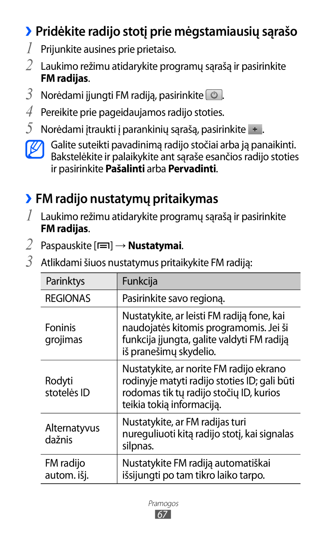 Samsung GT-S5363AAASEB manual ››FM radijo nustatymų pritaikymas 