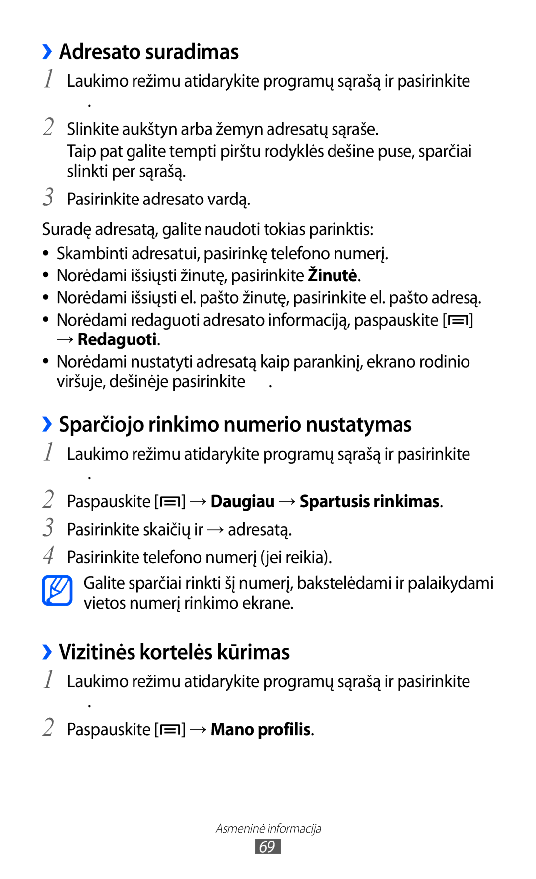 Samsung GT-S5363AAASEB manual ››Adresato suradimas, ››Sparčiojo rinkimo numerio nustatymas, ››Vizitinės kortelės kūrimas 