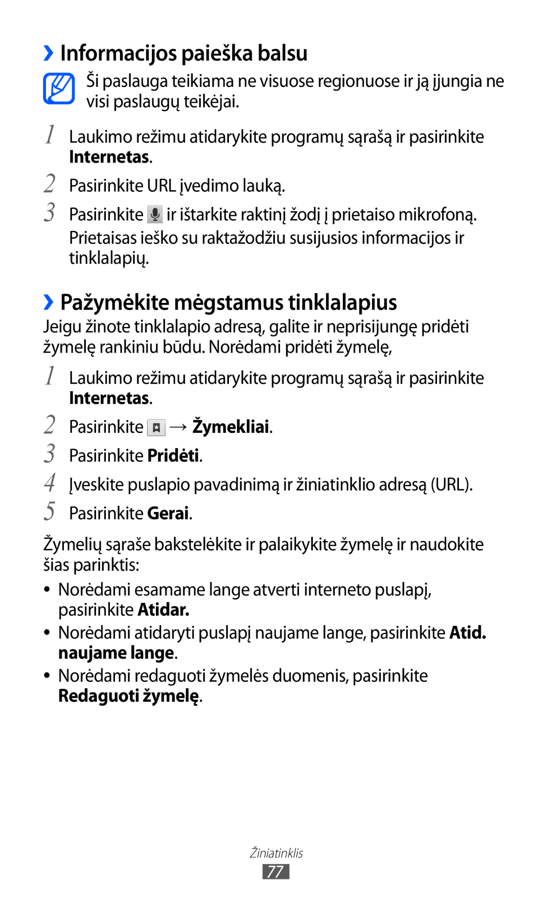 Samsung GT-S5363AAASEB manual ››Informacijos paieška balsu, ››Pažymėkite mėgstamus tinklalapius, Internetas, Naujame lange 