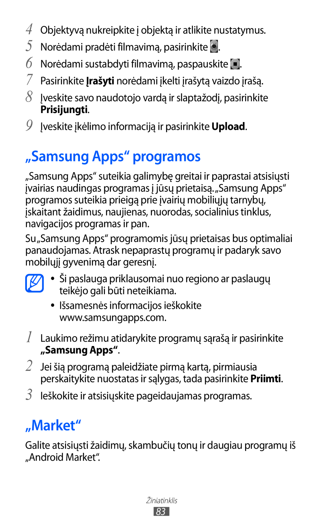 Samsung GT-S5363AAASEB manual „Samsung Apps programos, „Market, Ieškokite ir atsisiųskite pageidaujamas programas 