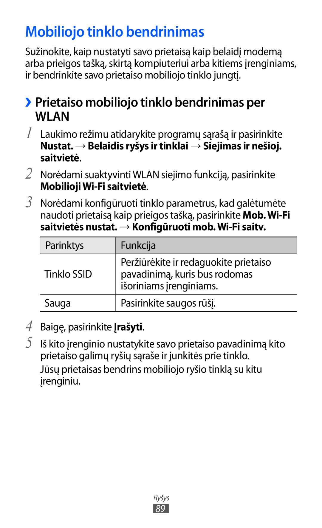 Samsung GT-S5363AAASEB manual Mobiliojo tinklo bendrinimas, ››Prietaiso mobiliojo tinklo bendrinimas per 