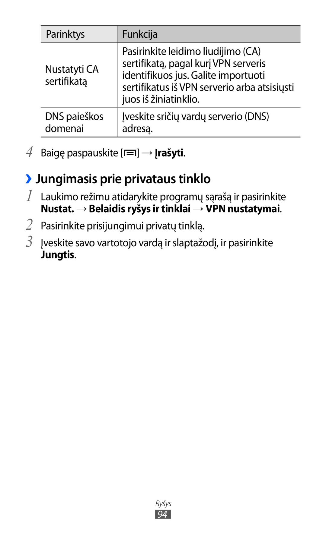 Samsung GT-S5363AAASEB manual ››Jungimasis prie privataus tinklo, Juos iš žiniatinklio, Jungtis 