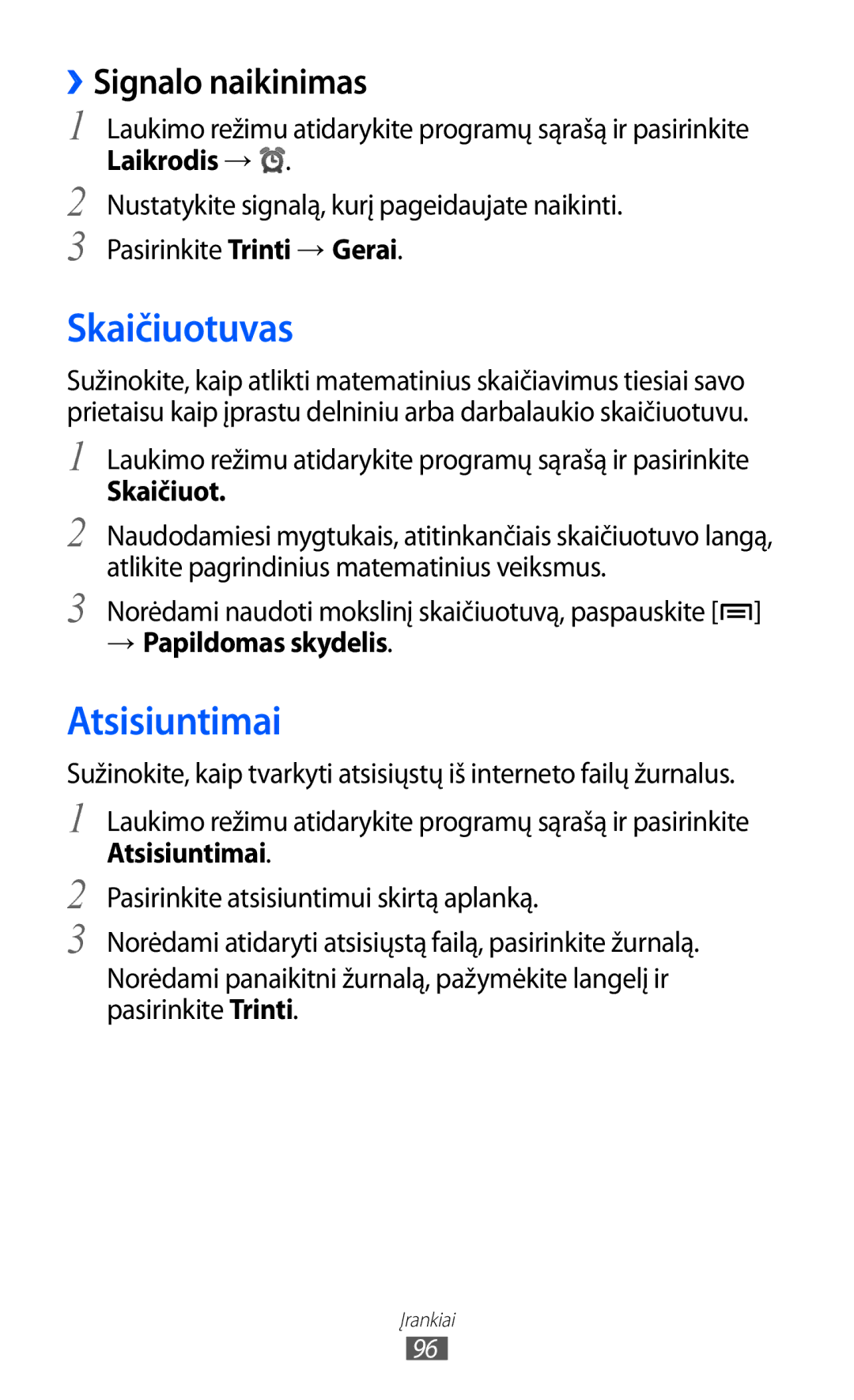 Samsung GT-S5363AAASEB manual Skaičiuotuvas, Atsisiuntimai, ››Signalo naikinimas, → Papildomas skydelis 