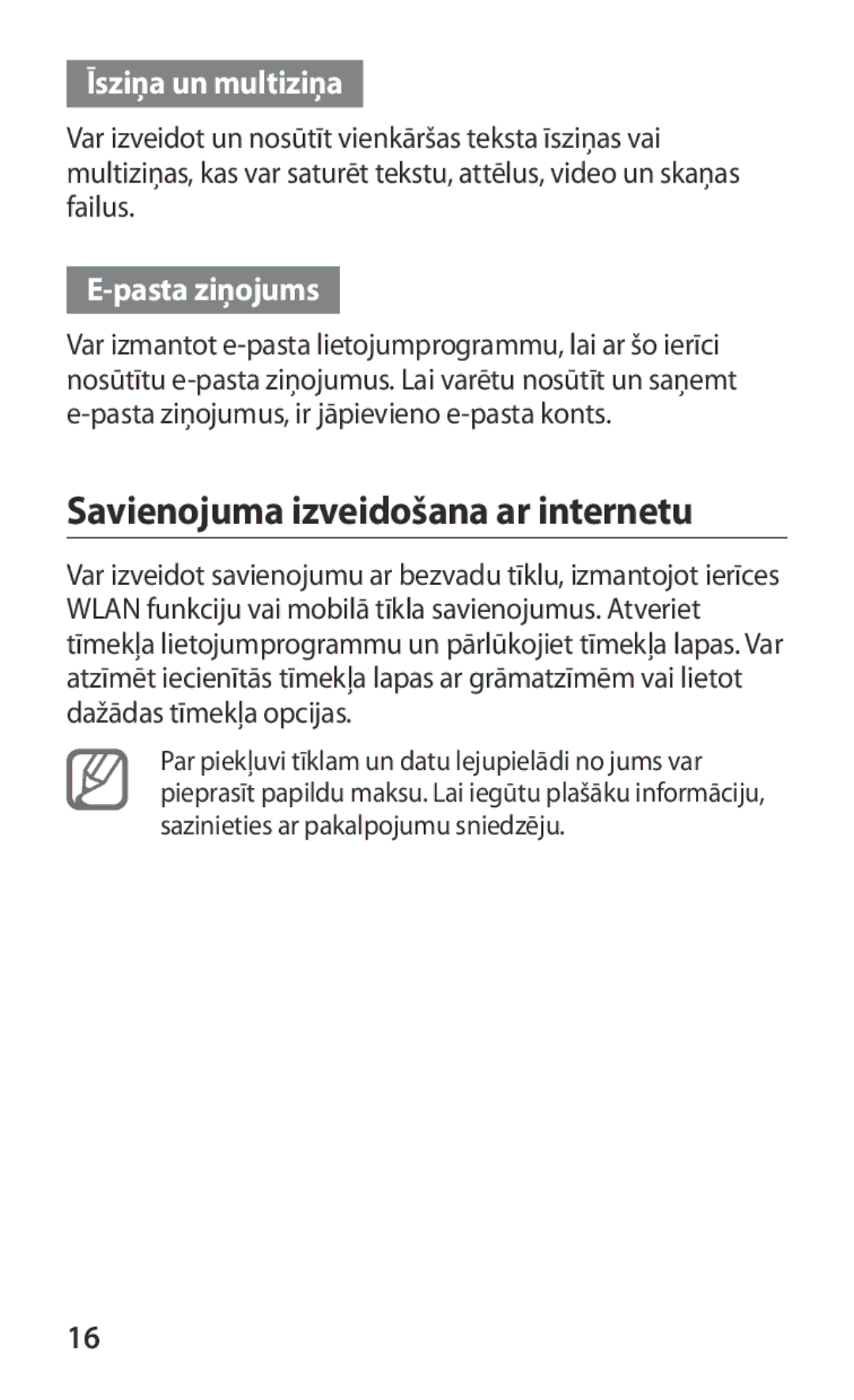 Samsung GT-S5363AAASEB manual Savienojuma izveidošana ar internetu, Īsziņa un multiziņa, Pasta ziņojums 