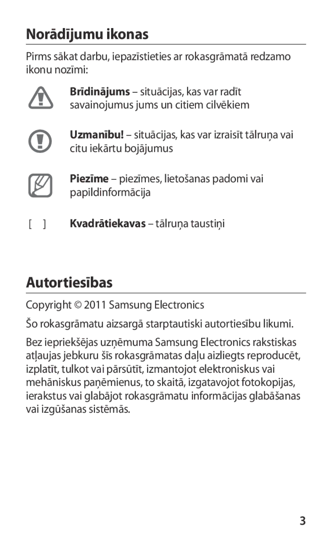 Samsung GT-S5363AAASEB manual Norādījumu ikonas, Autortiesības 