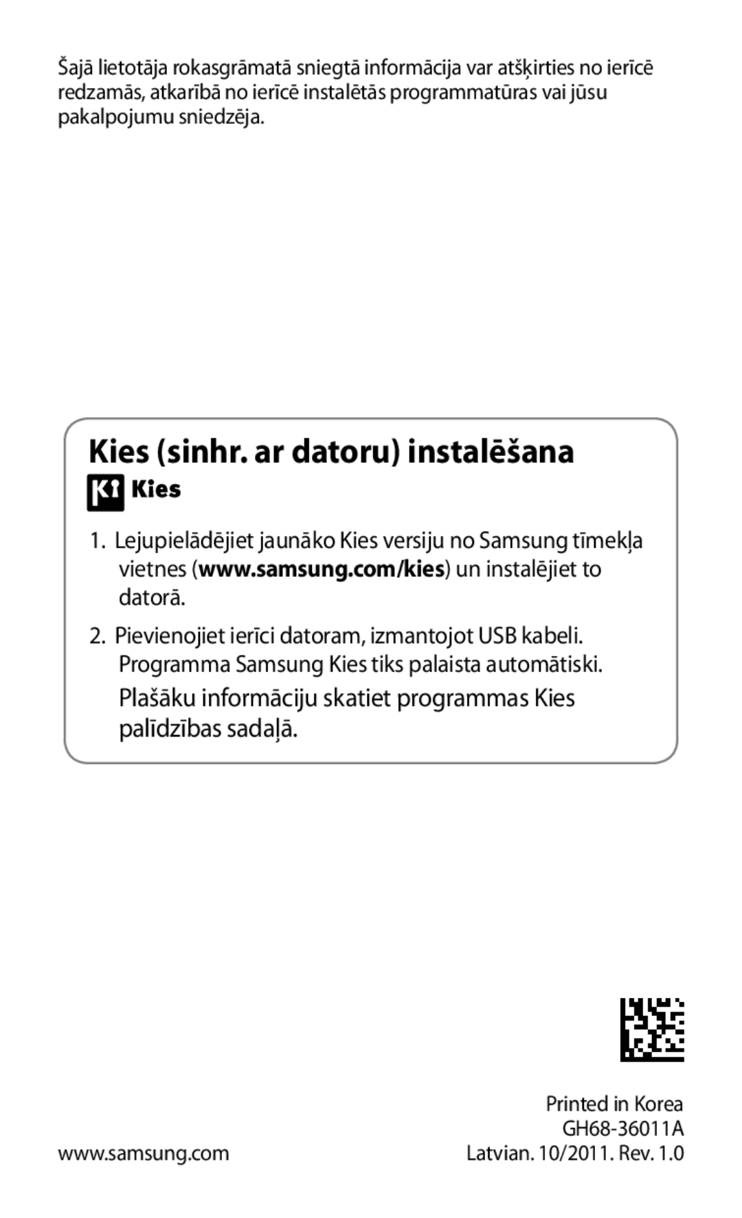 Samsung GT-S5363AAASEB manual Kies sinhr. ar datoru instalēšana 